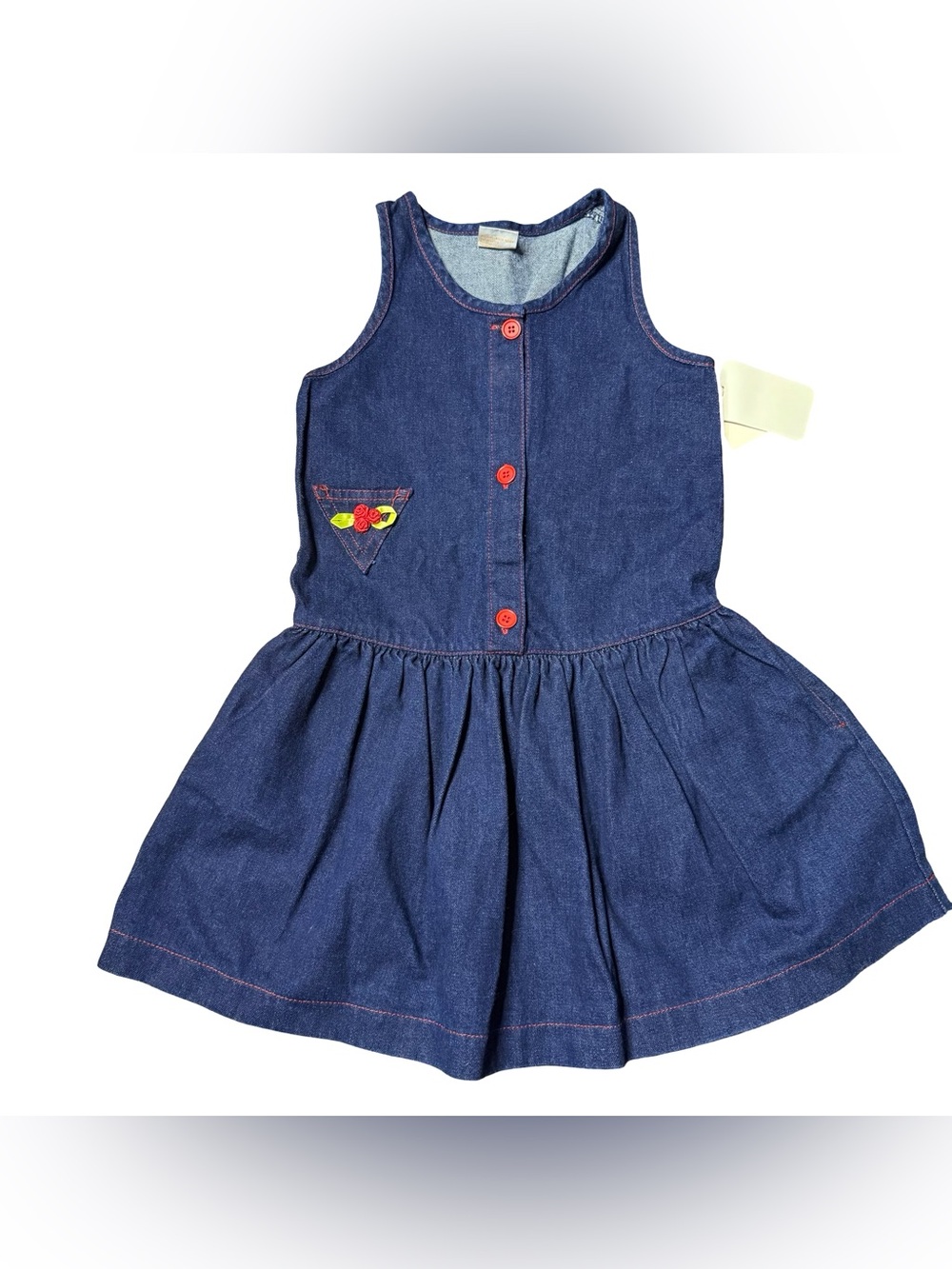 VTG Little Jumper Girls Denim Dress Sz 6 NWT 90s Red Buttons Rose Rosebud Jumper